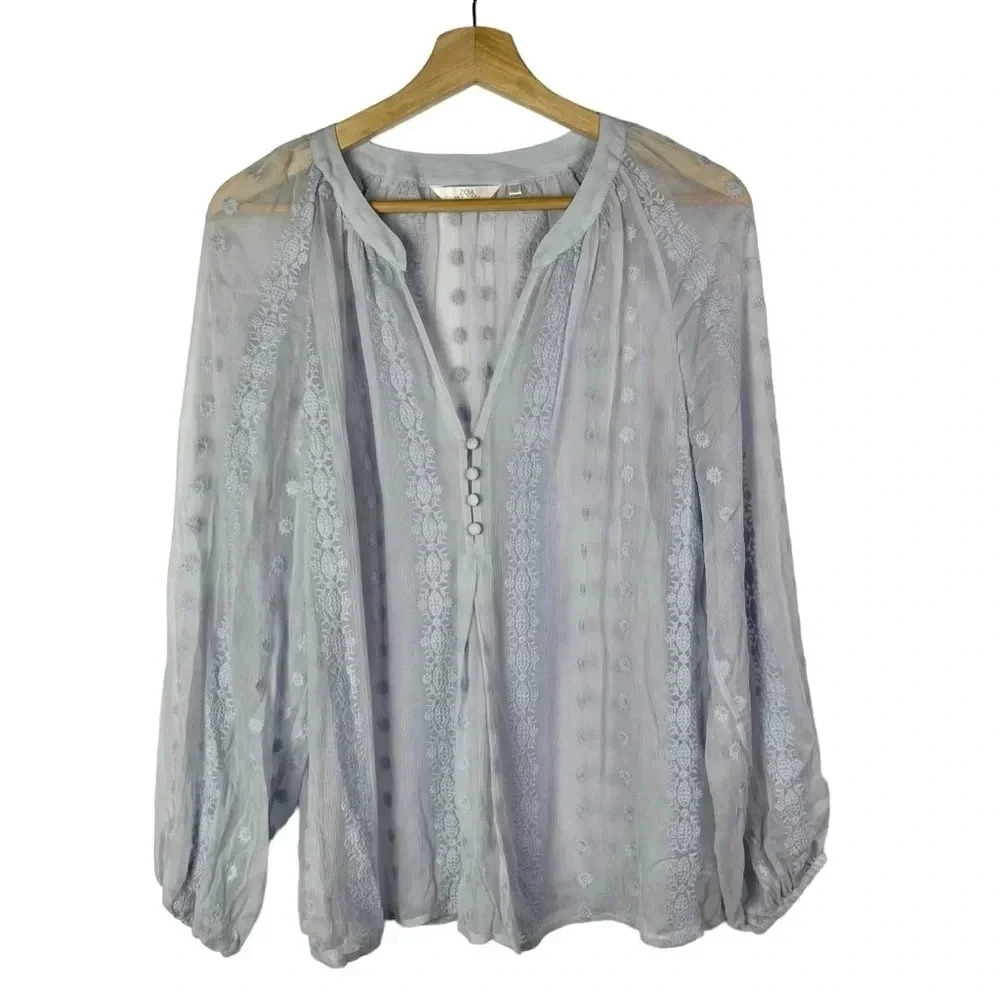 ZOA Light Blue Embroidered Silk Long Sleeve Blouse XS
